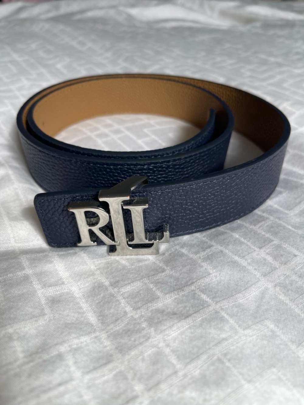 Ralph Lauren Logo Reversible Pebbled Leather Belt Navy/ Beige
